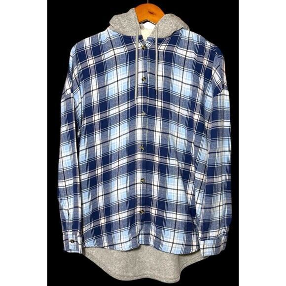 Flannel Faux Fur Hoodie Women Blue Plaid Button Up Long Sleeve Size XL (15-17) - Picture 1 of 10